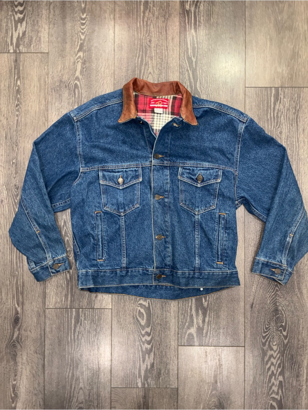 Vintage 90s Marlboro Country Store Denim Trucker Jacket Size S Leather Collar